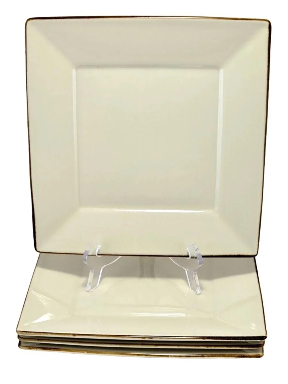 Set of 4 Square Cream Dinner Plates with Gold Rim